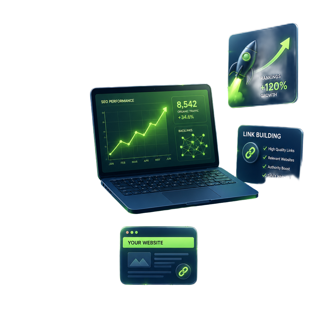 SEO and link building illustration showing analytics dashboard and backlink network