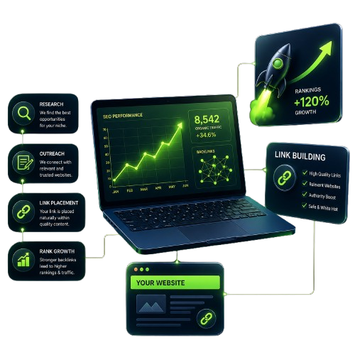 SEO and link building illustration showing analytics dashboard and backlink network